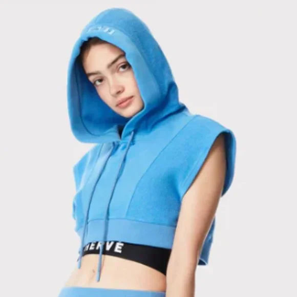 Hervé by Hervé Léger Cropped Paneled Hooded Sweatshirt in Blue Size Small - Picture 2 of 16